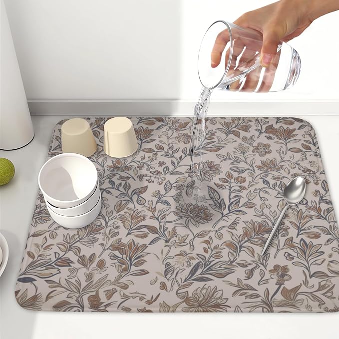 Vintage Floral Dish Drying Mat for Kitchen Counter Brown Antique Flower - Image 6