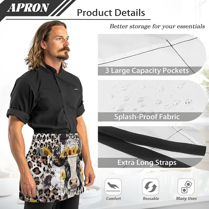 Server Apron with 3 Pockets, Waterproof Oil Waitress Waiter Half Apron - Image 6