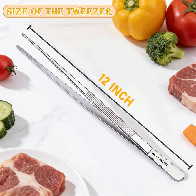 12-Inch Kitchen Tweezers, 18/8 Stainless Steel Metal Fine Tweezers Tongs - Image 7