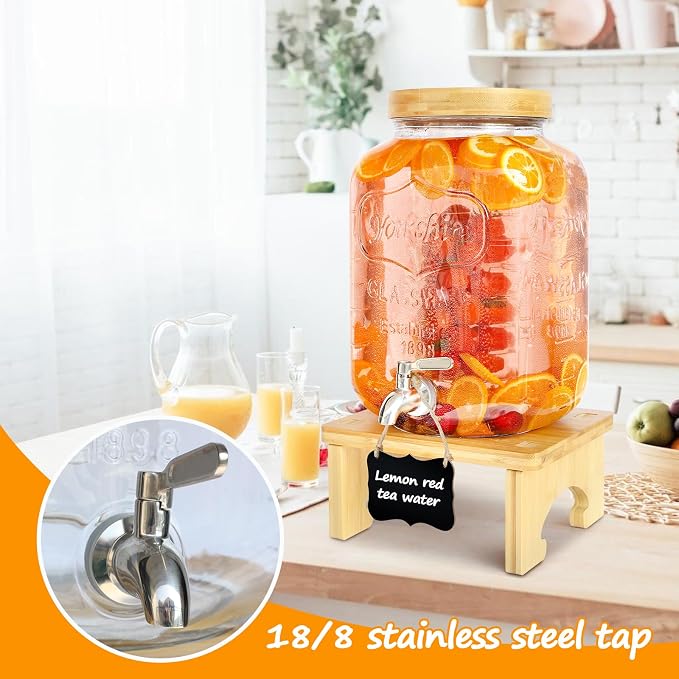 2 Gallon Drink Dispenser with Stand，Glass Beverage Dispenser With Wood Stand - Image 5
