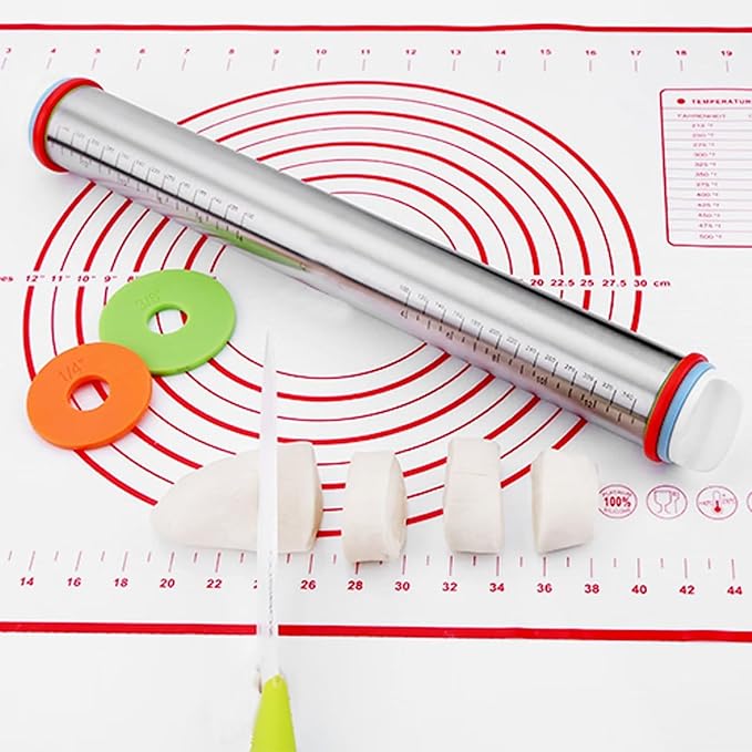Stainless Steel Rolling Pin and Silicone Mat Set, Adjustable Thickness Rings - Image 7