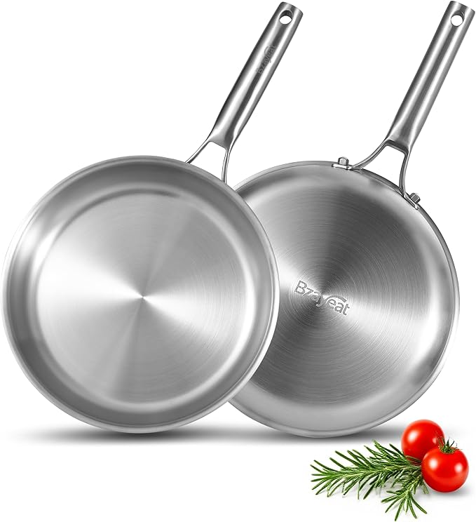 Chef's Frying Pan 12 Inch Set of 2, Tri-Ply Clad Stainless Steel Skillet by Bzayeat