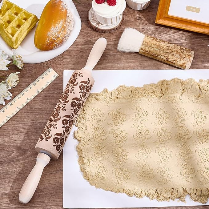Embossed Wooden Rolling Pin Flower Leaves Print 35cm Rolling Pin - Image 4
