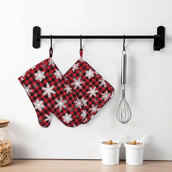Red Black Buffalo Plaid Oven Mitts and Pot Holders Set - Image 7