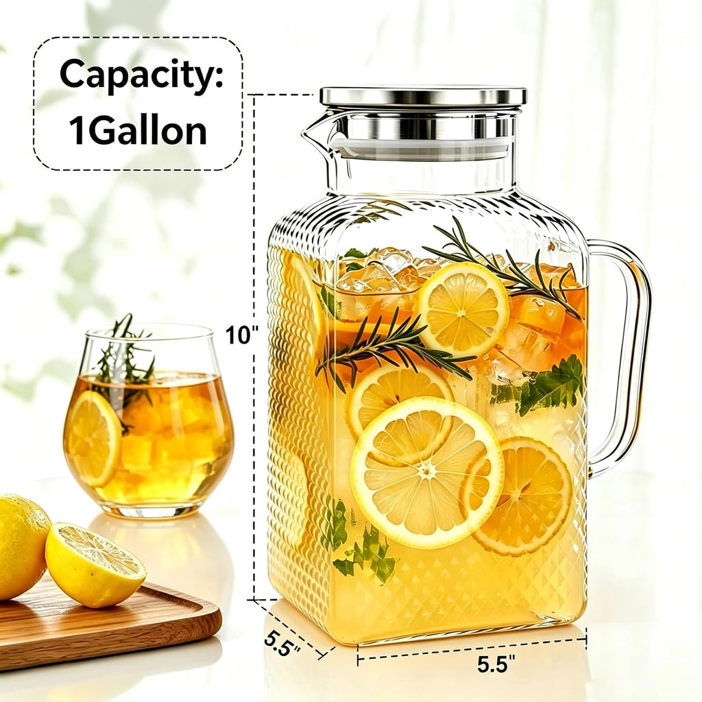 Glass Pitcher with Lid, 1 Gallon Glass Water Pitcher with Handle for