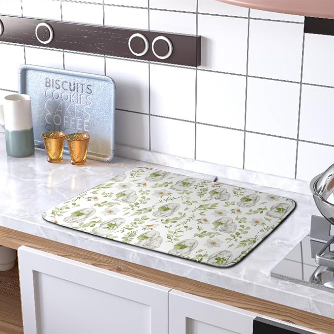 Easter Bunny Floral Drying Mat for Kitchen Counter Spring Easter Rabbits Green - Image 5