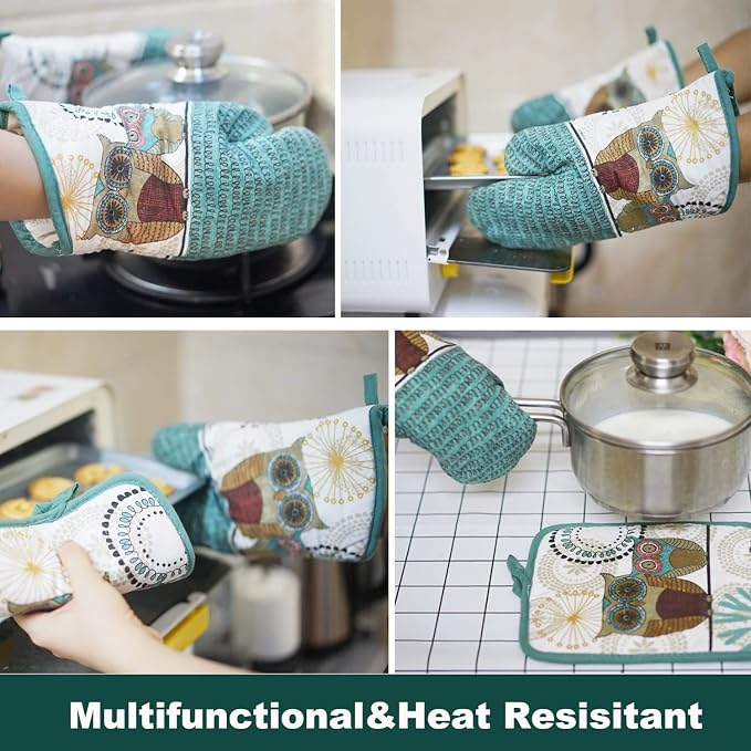Oven Mitts and Pot Holders Sets, Funny Owl Kitchen Oven Mitts Heat Resistant - Image 5