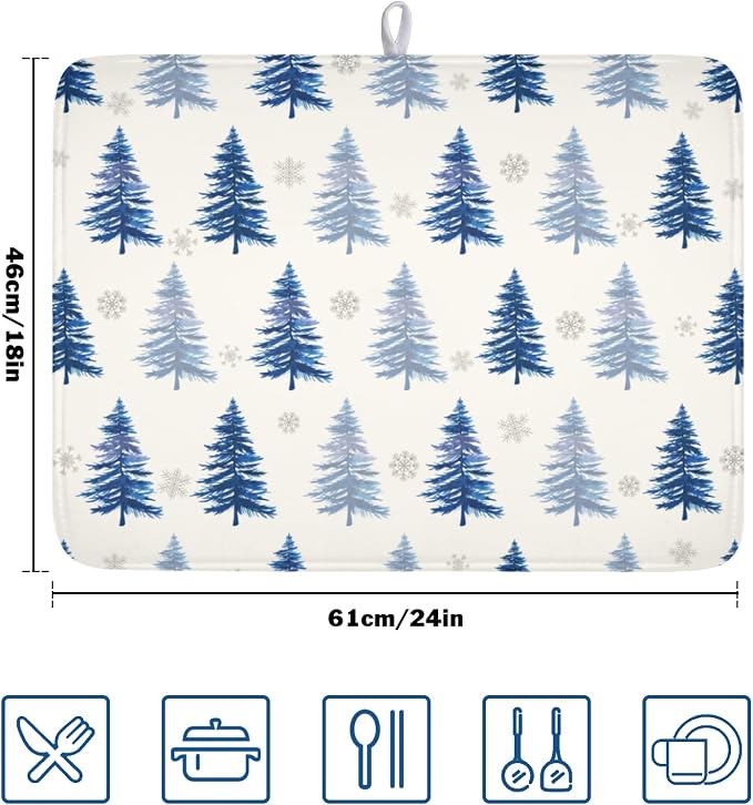 Winter Dish Drying Mat 18 x 24 Inch Blue Tree Dish Drying Pad Absorbent - Image 2