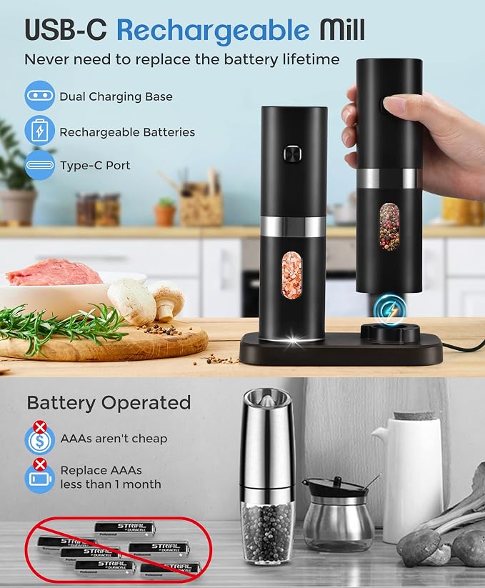 Electric Salt and Pepper Grinder Set, New Rechargeable Salt and Pepper Mill - Image 2