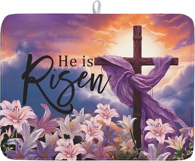 Easter Cross He is Risen Dish Drying Mats 18x24 Inch Spring Drying Mat by Kawani