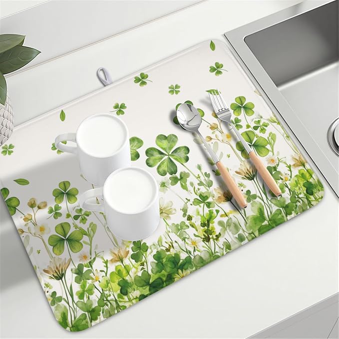 St Patrick's Day Dish Drying Mat 18 x 24 Inch Green Clover Dish Drainer Rack - Image 8