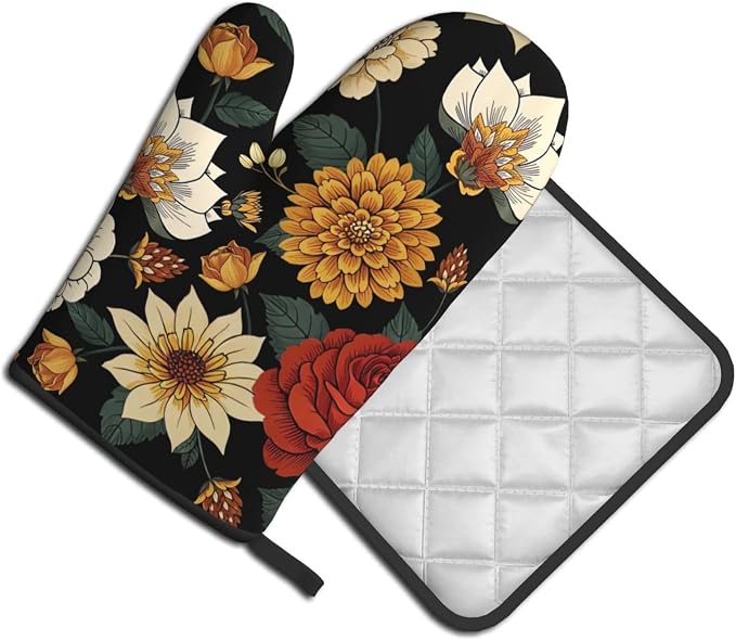 Boho Floral Oven Mitts and Pot Holders Sets of 2 Vintage Kitchen Mitts Bohemian - Image 2