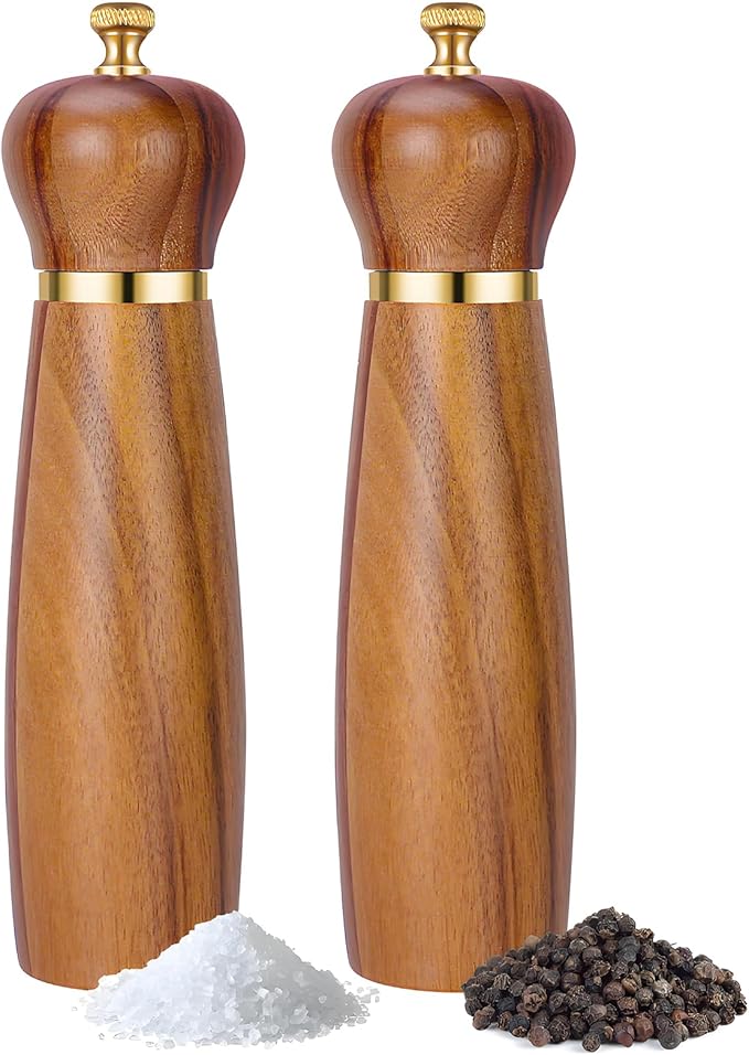 Acacia Wood Salt and Pepper Grinder Set, 8-Inch Manual Pepper Mill Grinder by mosuniro