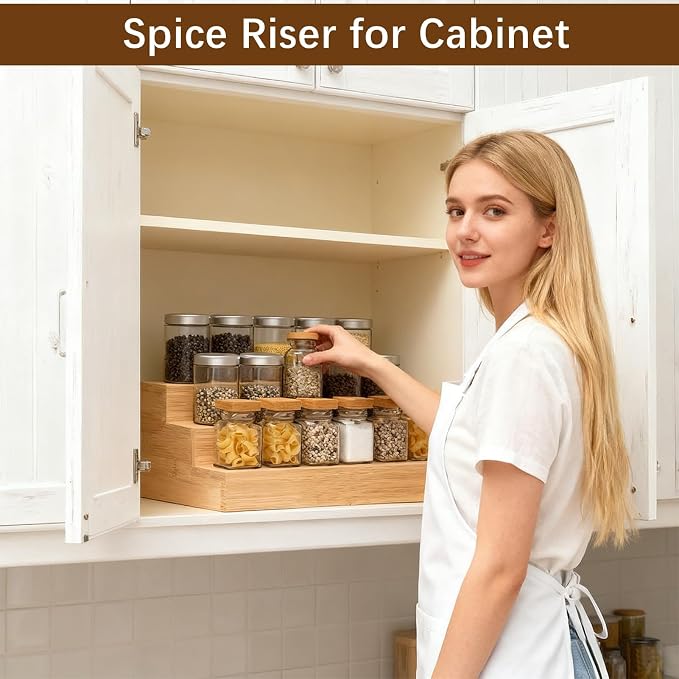 Bamboo Spice Rack for Cabinet, 3 Tier Spice Riser Shelf, 2 Pack Spices Stand - Image 4