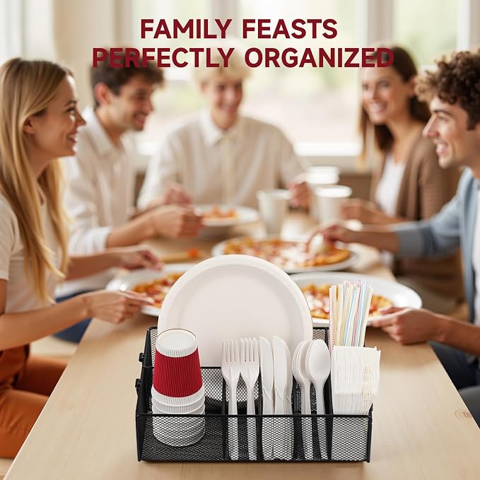 Utensil Caddy with Handle, Metal Paper Plate Holder - Image 3