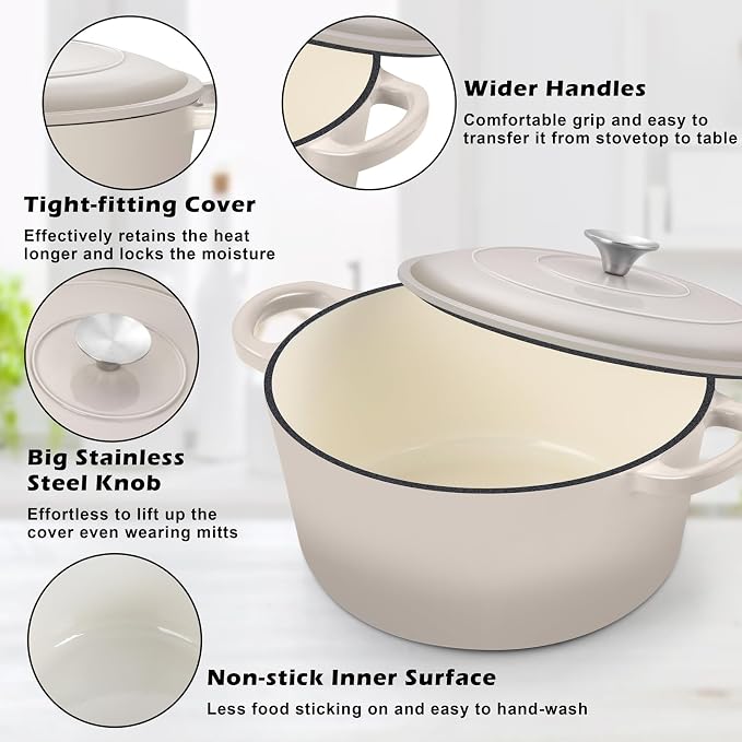 TeamFar Enameled Cast Iron Dutch Oven, 7qt Dutch Oven Pot Nonstick Cookware - Image 3