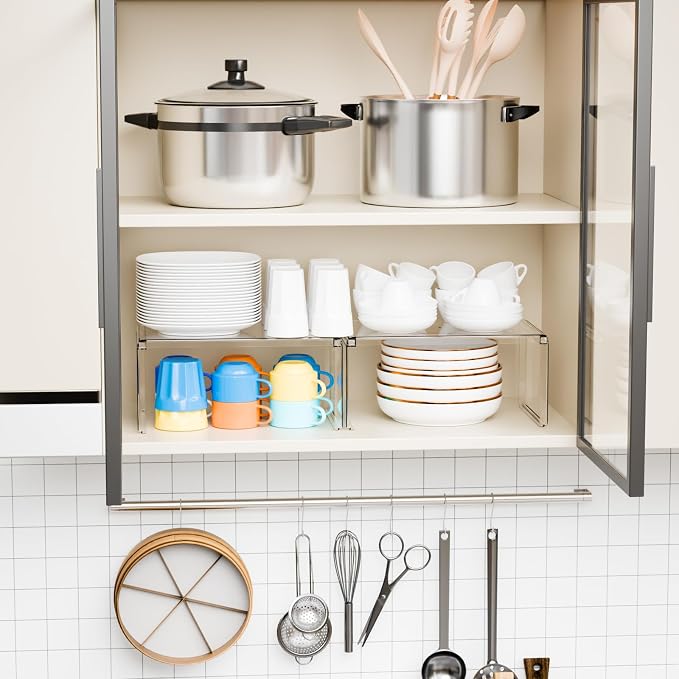 Yieach 4 Pack Acrylic Cabinet Organizer, 2 Tier Stackable Shelves - Image 2