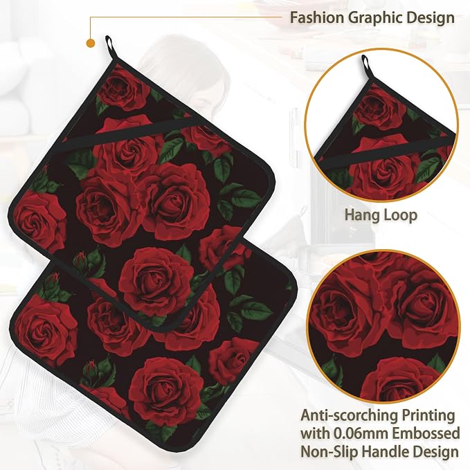 Vintage Red Rose Pot Holder Set of 2, Heat Resistant Potholders Oven Hot Pads - Image 4