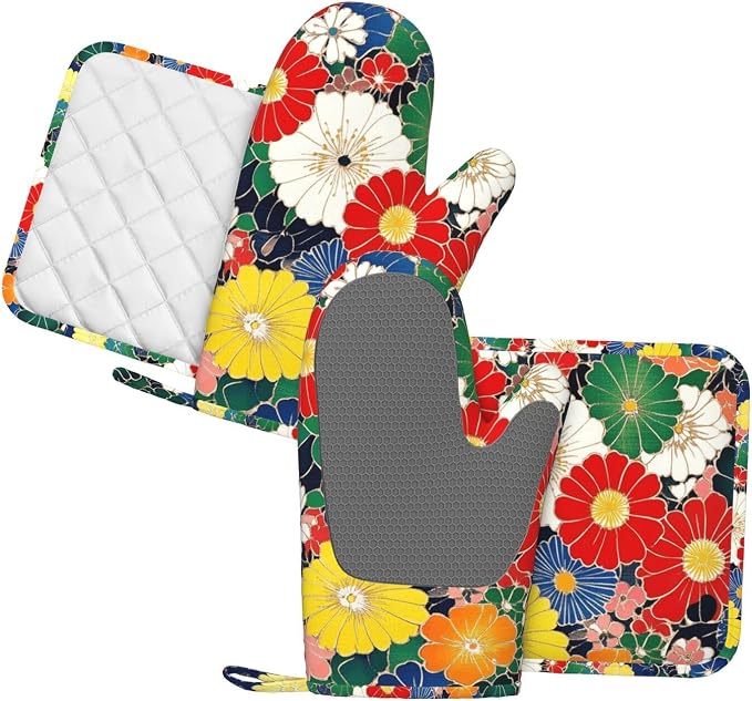 Oven Mitts and Pot Holders Flower Ethnic Art Pattern Silicone Kitchen - Image 2