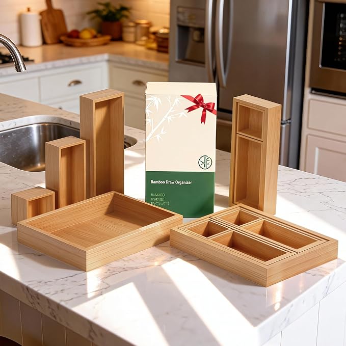 Bamboo Drawer Organizer 7 Pcs for Kitchen Multi-purpose Storage Dividers for - Image 9