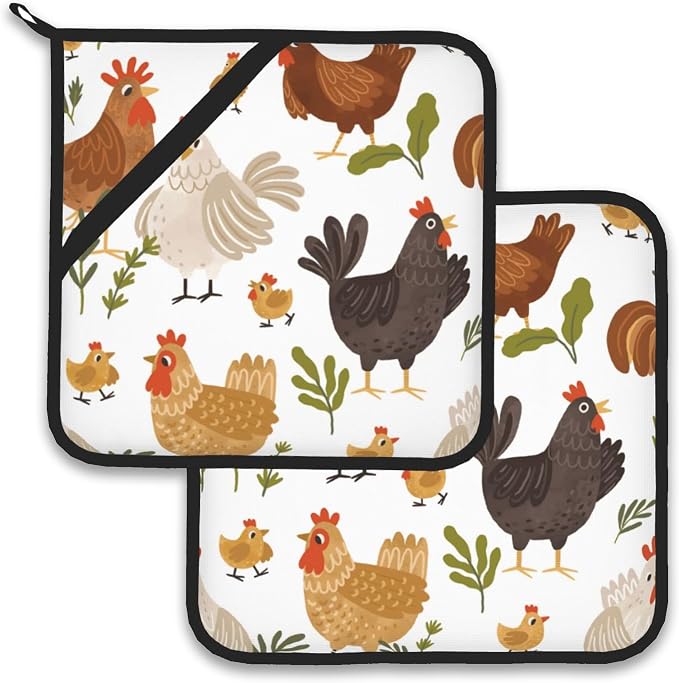 Cute Roosters Pot Holder Set of 2, Heat Resistant Potholders Oven Hot Pads by Larkverk