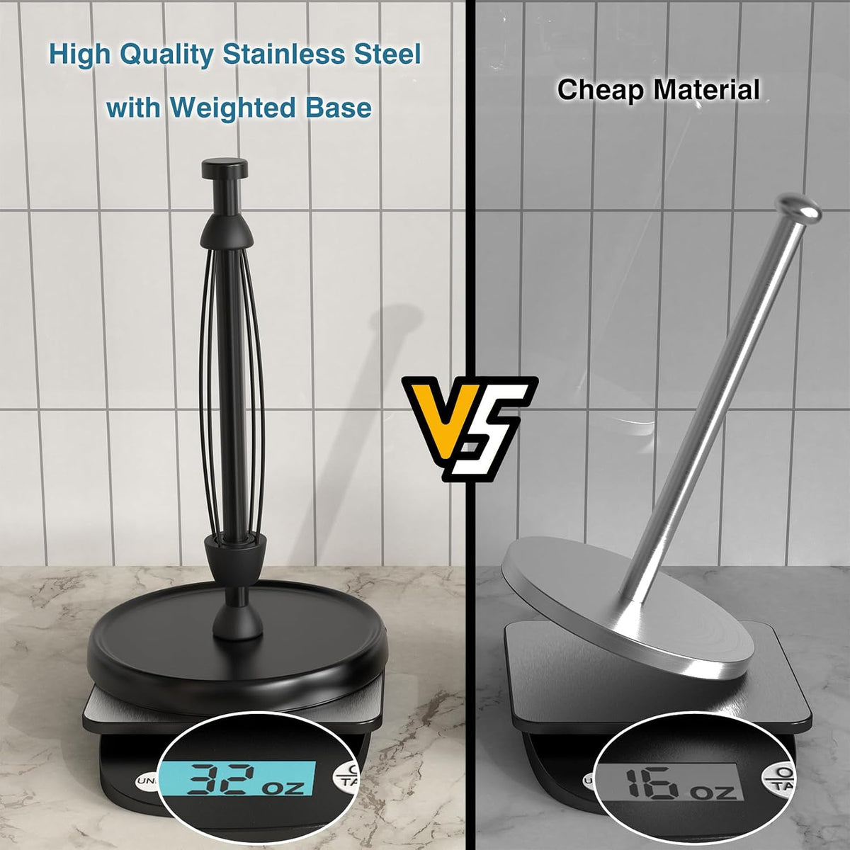 Paper Towel Holder Countertop, One-Handed Tear, Stainless Steel