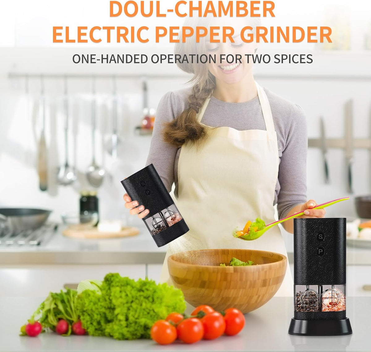 Dual Chamber Electric Pepper and Salt Grinder,Rechargeable Salt and
