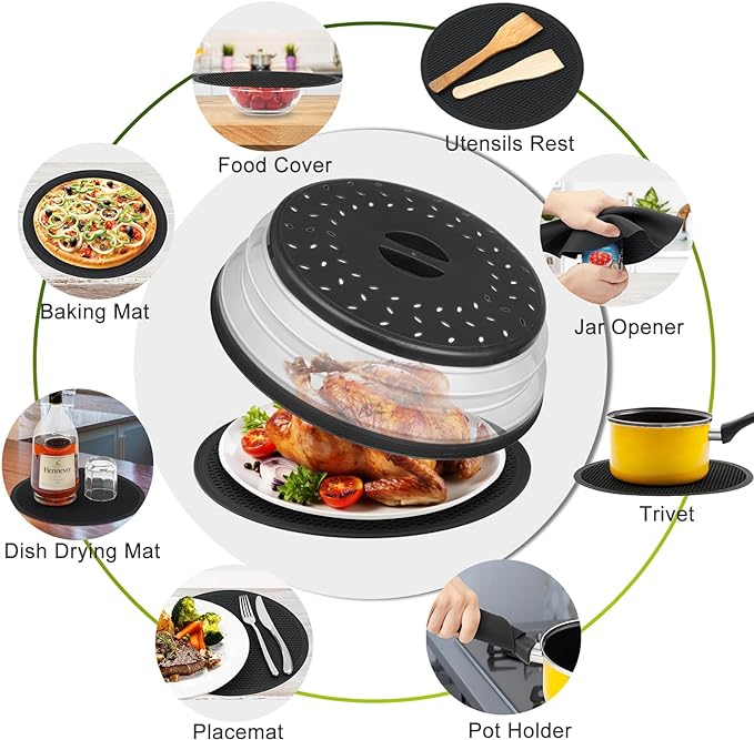 12" Microwave food Cover & Mat, Large Vented Collapsible Splatter Guard dish - Image 7