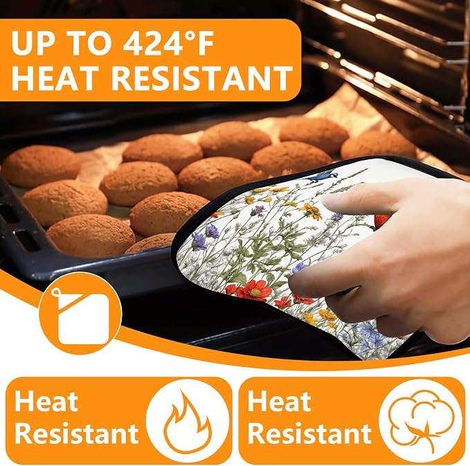 Wildflowers Birds Oven Mitts and Pot Holders Sets 4Pcs, Extra Long Oven Gloves - Image 4