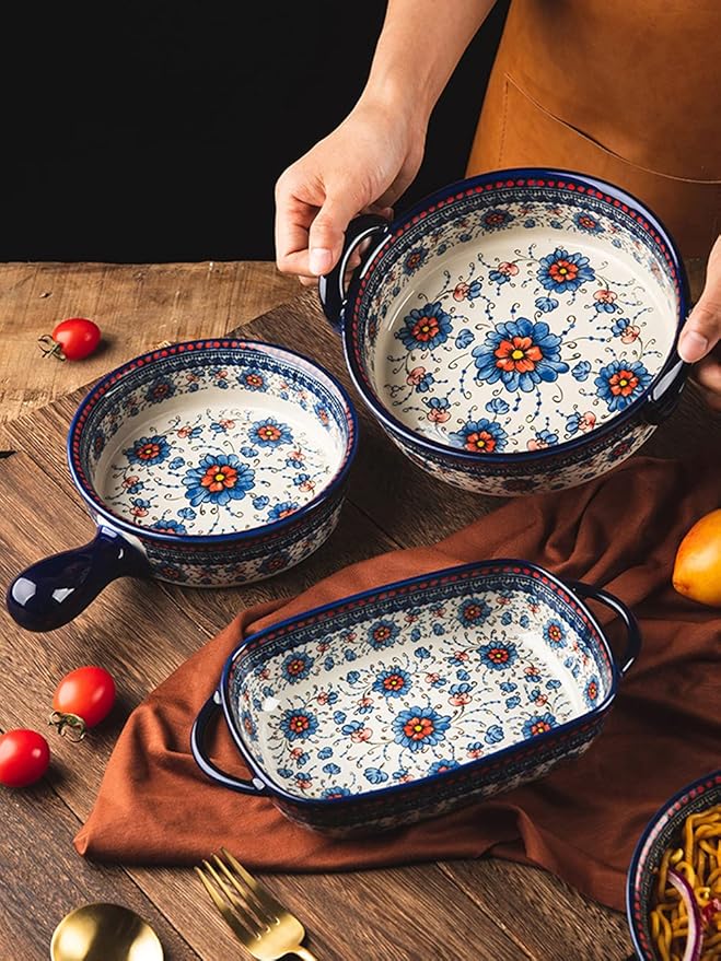 Blue and Orange Flower Vintage Style Ceramic Bakeware Casserole Dish Baking Pan - Image 4