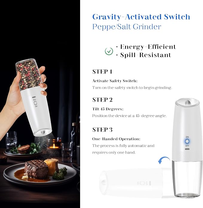 UNNEES Rechargeable Electric Salt and Pepper Grinder Set, Gravity Activated - Image 2