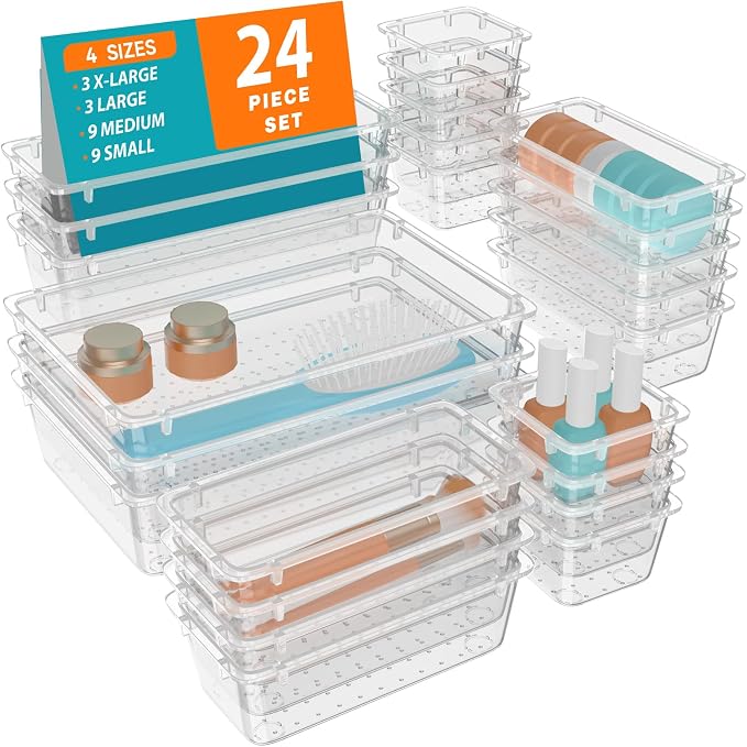 WOWBOX 24 PCS Clear Plastic Drawer Organizer Set, 4 Sizes Desk Drawer by WOWBOX