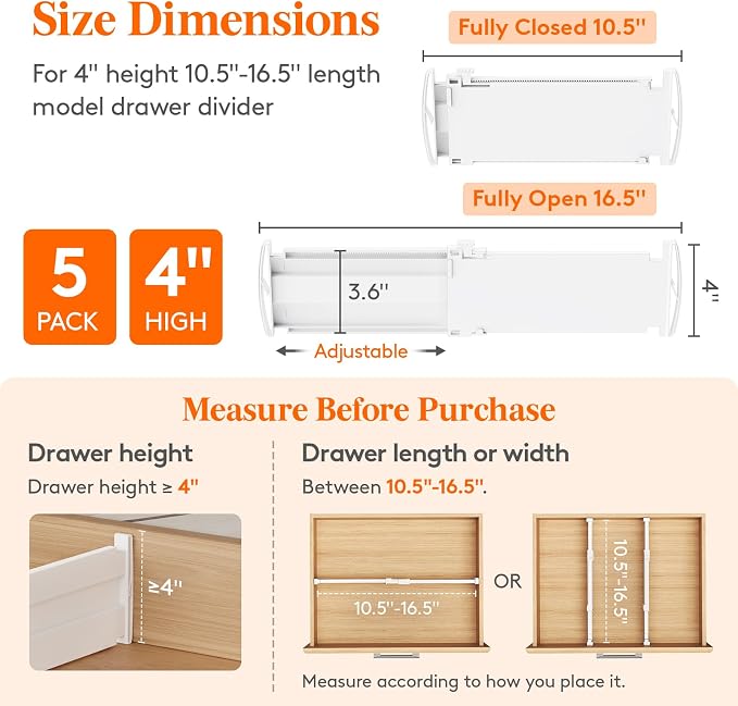 Lifewit 4" Tall 5 Pack Drawer Dividers, 27-42cm/10.5-16.5" Expandable Drawer - Image 2