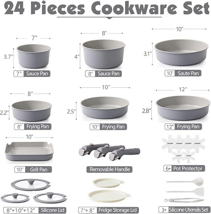SENSARTE 24 Piece Ceramic Pots and Pans Set, Nonstick Detachable Handle Cookware - Image 2
