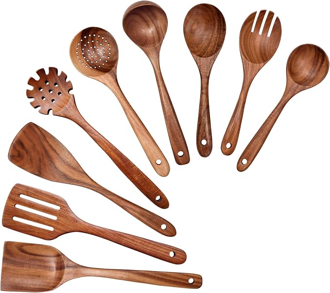 Wooden Spoons for Cooking 9 Pieces Set, TeakWooden Kitchen Utensil Set by YYLTJR
