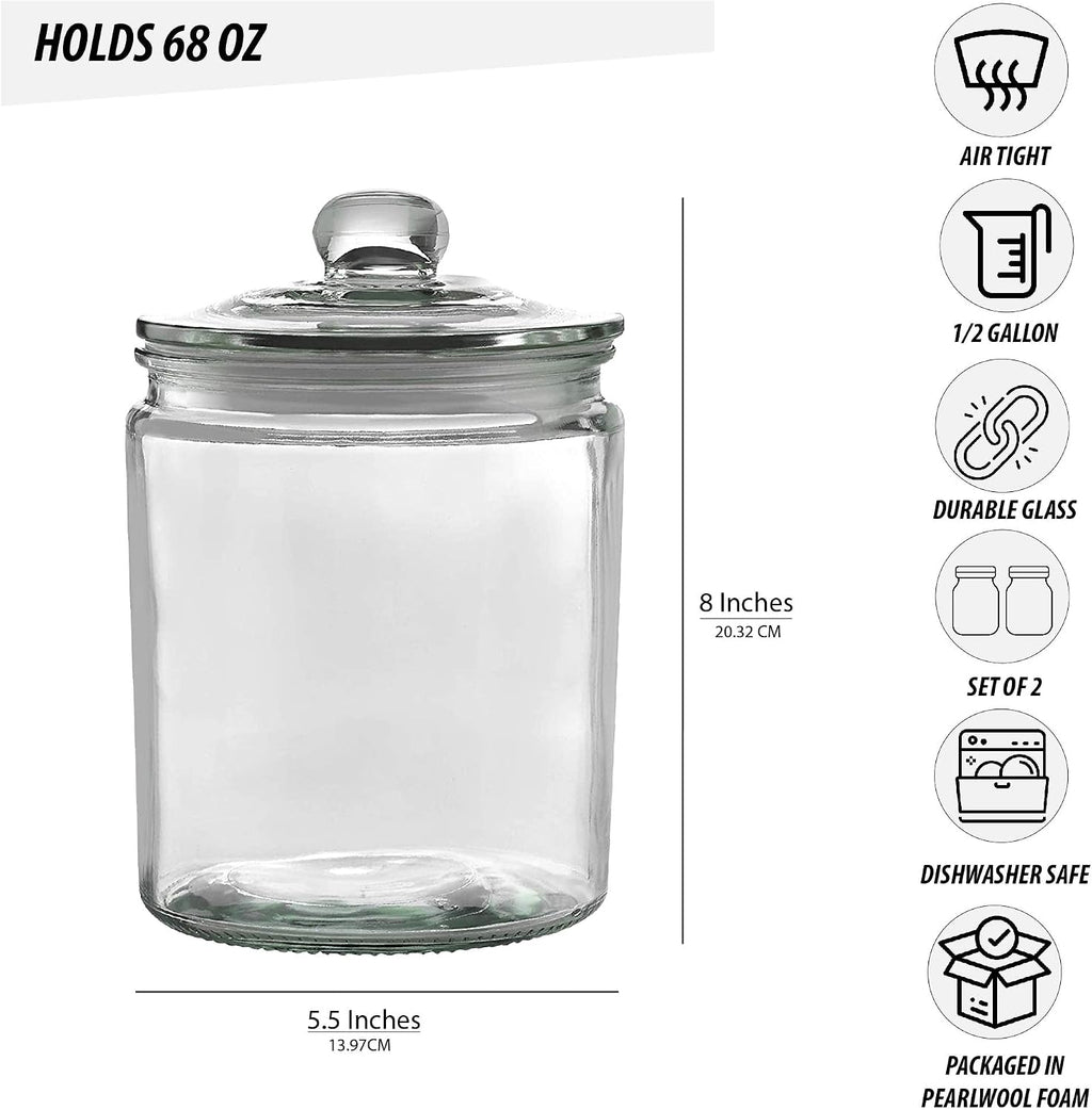 Set of 2 Glass Jar with Lid (2 Liter) | 1/2 Gallon Airtight Glass
