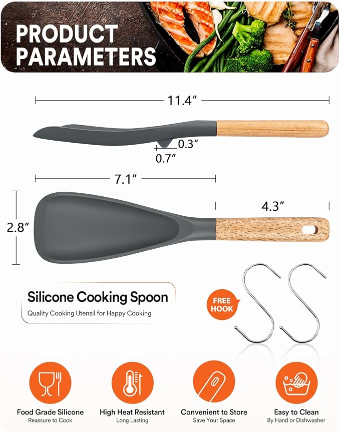 Cooking Spoon for Nonstick Cookwares, Wood Handle Spoon for Mixing, and Scrape - Image 2