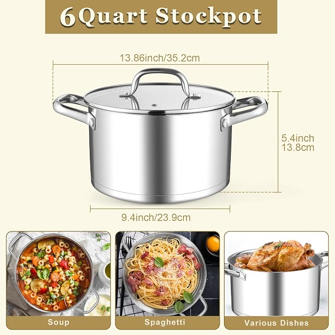 Leonyo 6QT Stock Pot with Lid, Stainless Steel Soup Pasta Pot - Image 2