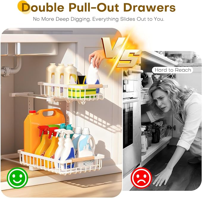 Under Sink Organizer, 2 Tier Pull Out Under-Sink Shelves, Adjustable Height - Image 5
