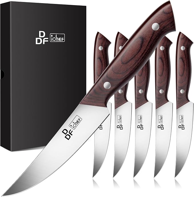 DDF iohEF Steak Knives Set of 6, Non-serrated Steak Knife 4.5 Inch High Carbon by DDFiohEF
