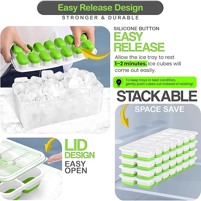 56pcs Ice Cube Tray with Lid and Bin – Stackable 4 Trays Plastic Silicone - Image 3
