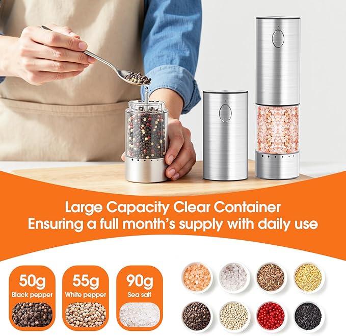 WOWBOX Electric Salt and Pepper Grinder Set 2 PCS, Stainless Steel Automatic - Image 6