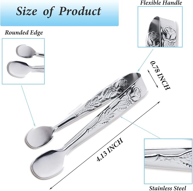 3PCS Mini Serving Tongs, 4Inch Rose Stainless Steel Sugar Cube Tongs, Sliver - Image 2