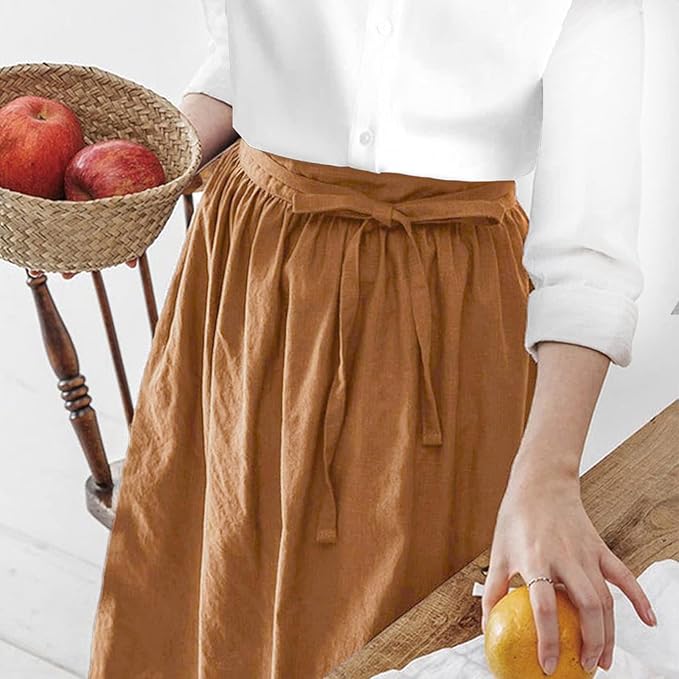 Cotton Linen Half Apron for Women Vintage Waist Apron Ruffle Plain Bright Color - Image 2