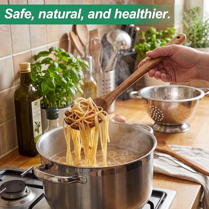 Wooden Ladles for Cooking, 2-Piece Soup Ladle & Pasta Spoon Set, Natural Teak - Image 6