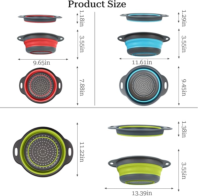 Collapsible Colander 3-Pack Set Space-Saving Foldable Kitchen Strainer - Image 2