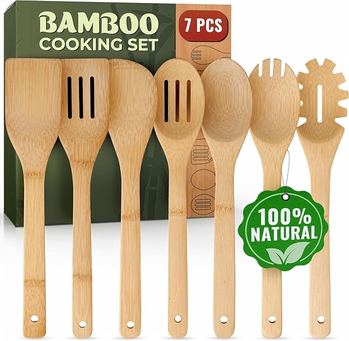 Wooden Utensil Set, Bamboo Utensils – 7 PCs Wood Spoons by Woodenhouse
