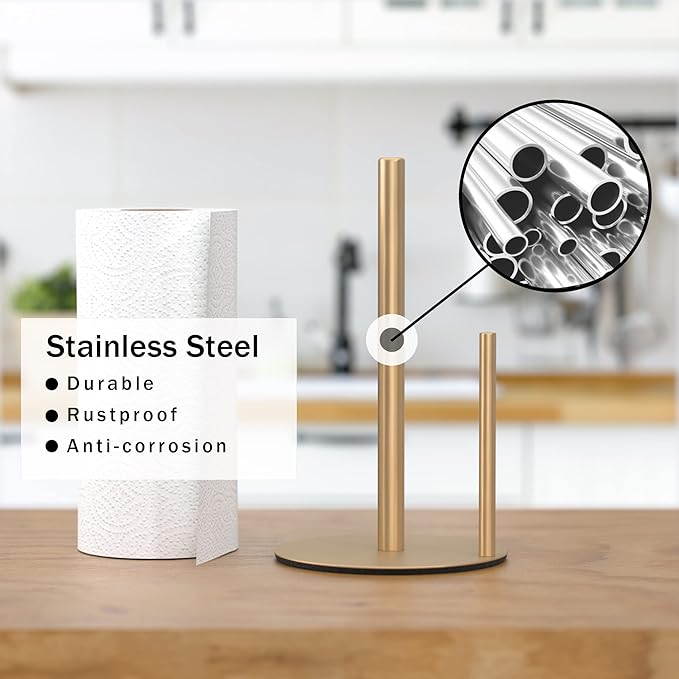 Paper Towel Holder Gold, Premium Stainless Steel Kitchen Roll Dispenser - Image 2