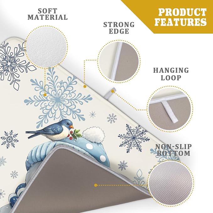 Winter Snowman Dish Drying Mat for Kitchen Counter 18x24 Blue Snowflake Bird - Image 4