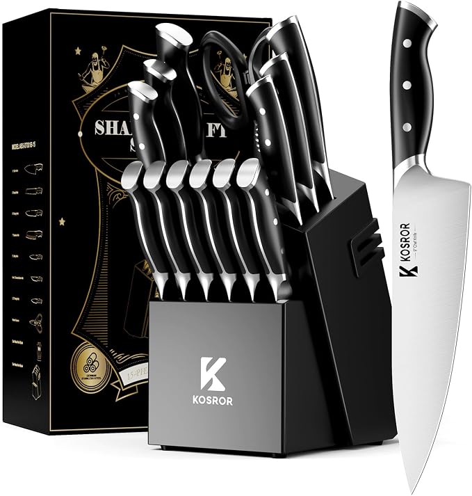 Kitchen Knife Set with Block: 15-Piece German Stainless Steel with Dual by Unknown